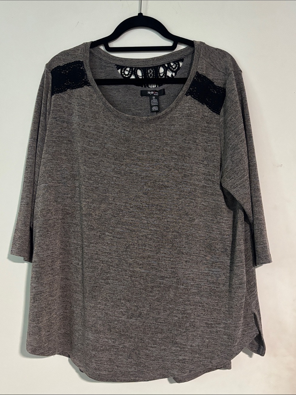 Style & Co. Gray Scoop Neck Long Sleeve Top with Black Lace Shoulders